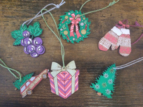 Wood, Acrylic Christmas Ornaments, Tree, Car with Tree, Wreath, Present, Gift Mittens