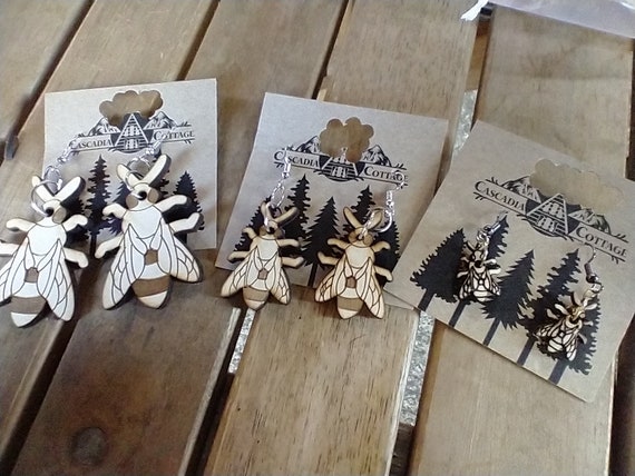 Wood, Bee, Earrings, Laser Cut, Engraved