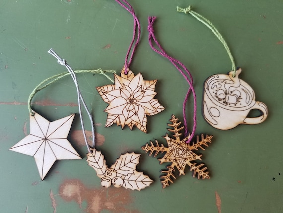 Wood, Acrylic, Christmas, Coffee Cup, Star, Snowflake, Holly Poinsettia, Ornaments