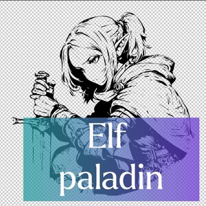 Könnte beinhalten: Schwarz-weiß-Linienkunst-Illustration eines Elfenpaladins, der ein Schwert hält. Der Text "Elf paladin" befindet sich unter dem Bild.