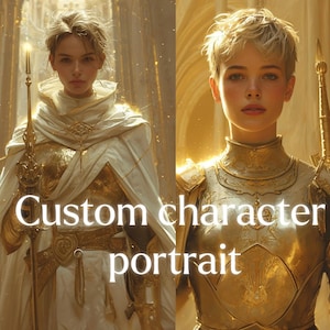 May include: Two digital illustrations of a person wearing golden armour. The person on the left is wearing a white cloak and holding a golden staff. The person on the right is wearing a helmet and holding a sword. The text "Custom character portrait" is superimposed on the image.