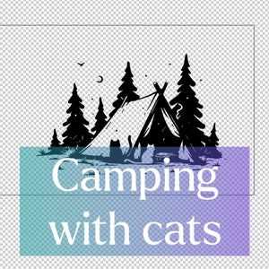 May include: Black and white illustration of a camping scene with a tent, trees, and three cats. The text "Camping with cats" is below the image.