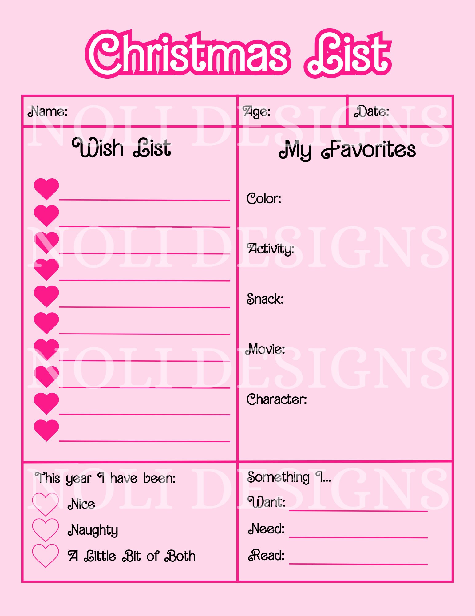 Pink Printable Christmas List Etsy