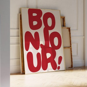 Bonjour Hello Stampa francese / Poster rosso Francia / A1 A2 A3 A4 A5 / Regalo per lui e lei / Citazione da parete Poster incorniciati senza cornice Viaggio Regalo UE