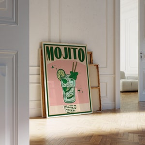 Mojito-afdruk | Retro cocktailkunst | A0 A1 A2 A3 A4 A5 | Drankjeswagen l Muurkunst eetkamer | Keukendecoratieafdruk l Bar Art Decor cadeau