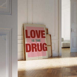May include: A framed poster with a pink background and the text "LOVE IS THE DRUG" in red and green letters.