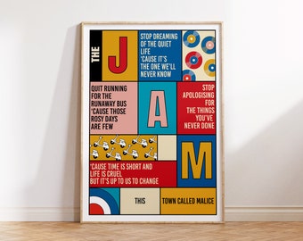 The Jam | Town Called Malice | Lyrics Print | A0 A1 A2 A3 A4 A5 | Indie Mod Punk Band Music Art | Concert Typographic Poster | Gift