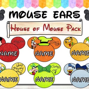 Puede incluir: Un conjunto de nueve diseños de orejas de ratón imprimibles con varios personajes de Disney, incluidos Mickey Mouse, Donald Duck, Goofy y Pluto. Cada diseño incluye un espacio para un nombre y el texto "House of Mouse Pack".
