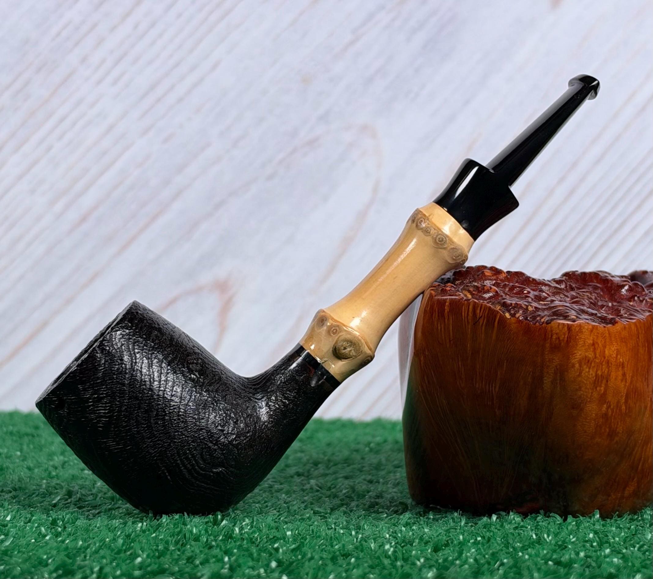 Tsuge Bamboo Sandblasted Billiard Estate Pipe w/ 2 Knuckle Bamboo Shank