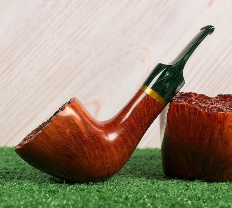 Ranz Freehands Bent Dublin Freehand Estate Pipe w/ Burl Rim & Green Cumberland Stem