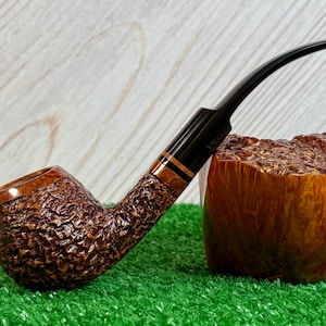 JIRSA (Oldrich) UNSMOKED Bent Brandy w/ Great Rustication, Briar Banded Saddle Stem. Artisan Hand Made, Hand Cut Stem in Czech Replublic.