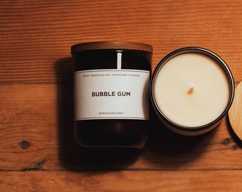 Bubble Gum | 300g Handmade Natural Soy Wax Candle | Reusable Amber Jar | Wooden Lid | Homemade in Australia