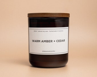 Warm Amber + Cedar | 300g Handmade Natural Soy Wax Candle | Reusable Amber Jar | Wooden Lid | Homemade in Australia