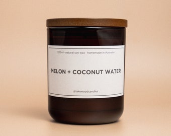 Melon + Coconut Water | 300g Handmade Natural Soy Wax Candle | Reusable Amber Jar | Wooden Lid | Homemade in Australia