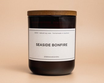 Seaside Bonfire | 300g Handmade Natural Soy Wax Candle | Reusable Amber Jar | Wooden Lid | Homemade in Australia