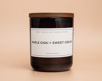 Maple Chai + Sweet Cream | 300g Handmade Natural Soy Wax Candle | Reusable Amber Jar | Wooden Lid | Homemade in Australia