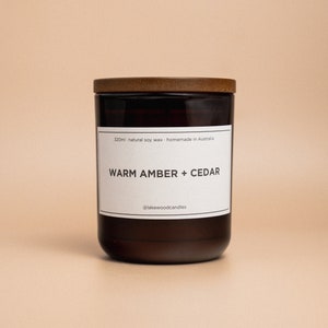 Warm Amber + Cedar | 300g Handmade Natural Soy Wax Candle | Reusable Amber Jar | Wooden Lid | Homemade in Australia