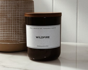 Wildfire | 300g Handmade Natural Soy Wax Candle | Reusable Amber Jar | Wooden Lid | Homemade in Australia