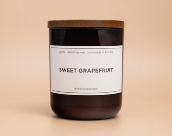 Sweet Grapefruit | 300g Handmade Natural Soy Wax Candle | Reusable Amber Jar | Wooden Lid | Homemade in Australia