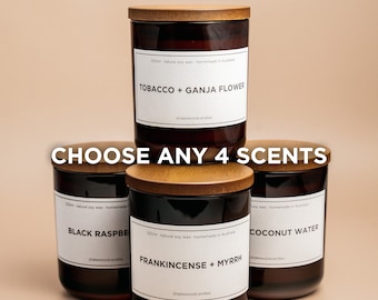 Choose any 4 scents | 300g Handmade Natural Soy Wax Candles | Reusable Amber Jars | Wooden Lids | Homemade in Australia