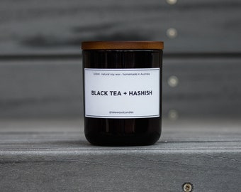 Black Tea + Hashish | 300g Handmade Natural Soy Wax Candle | Reusable Amber Jar | Wooden Lid | Homemade in Australia