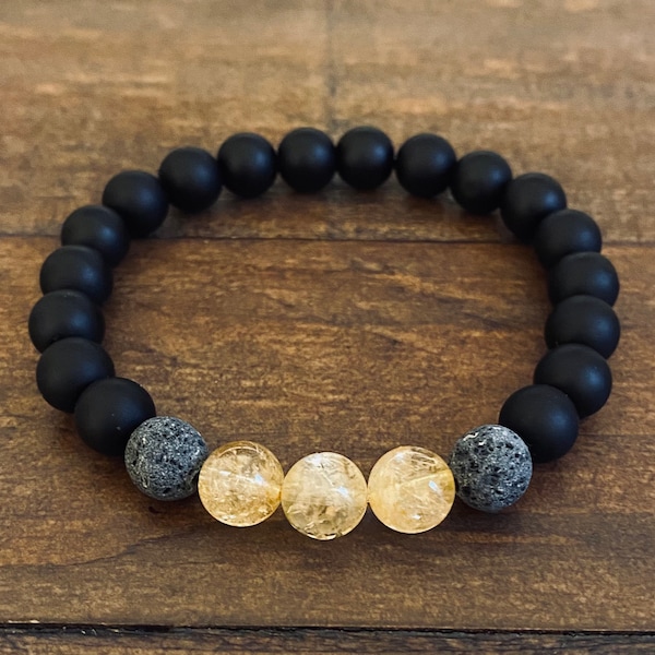 Men's Solar Plexus Chakra Diffuser Bracelet with Citrine, Onyx, & Raw Lava Rock