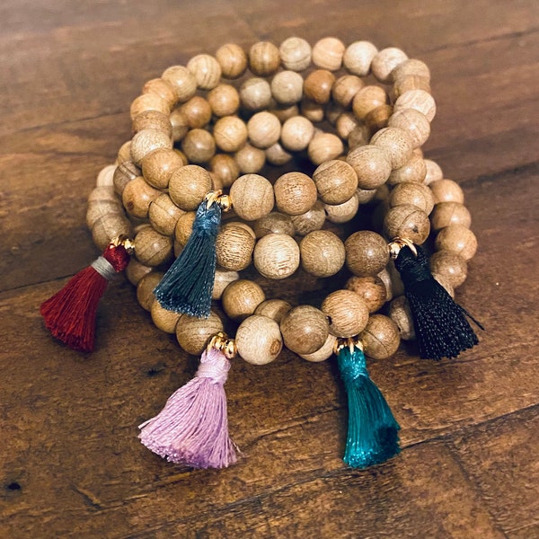 Sandalwood & Mini Tassel Stretch Bead Bracelets