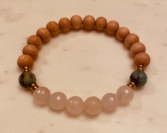 Rose Quartz, African Turquoise, & Rosewood Diffuser Stretch Bead Bracelet