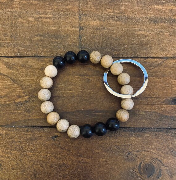 Sandalwood Obsidian Keyring Bracelet Keychain Wristlet UK