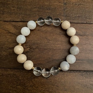 Fossil Jasper, Crystal Quartz, & White Lace Agate Chunky Stretch Bead Bracelet