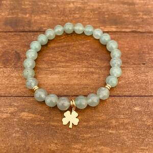 Green Aventurine & Lucky Four Leaf Clover Charm Stretch Bead Bracelet