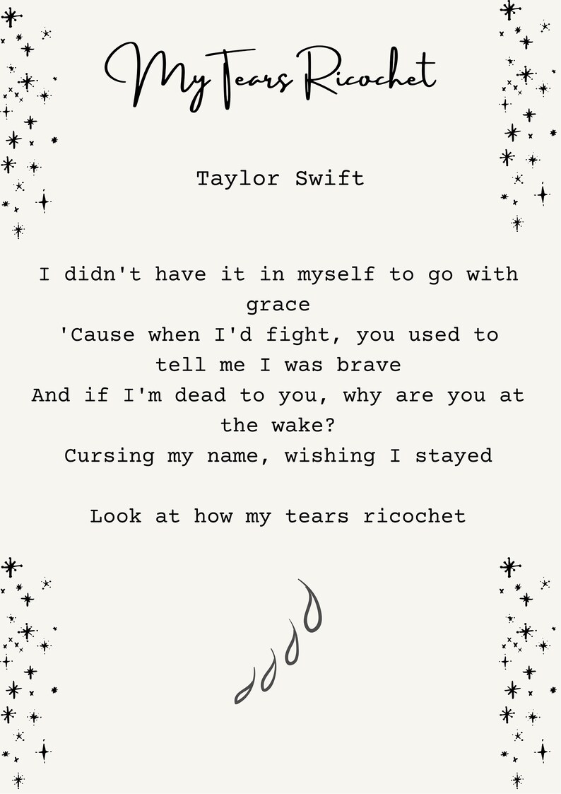 Taylor Swift/ My Tears Ricochet/ Lyric Poster Etsy