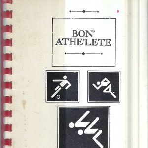 May include: A black and white image with the text "BON' ATHLETE" at the top.  There are five black and white icons below the text, each depicting a different sport: soccer, running, swimming, hockey, and cycling.