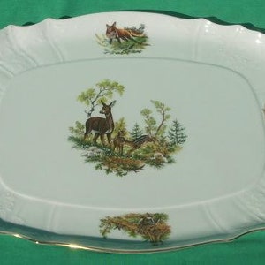Bernadotte Porcelain Tea Tray Serving Dish Display Quail Rabbit Elk Fish Deer Ducks Fox Pheasant Wildlife Patterns 16 inches Czech Republic