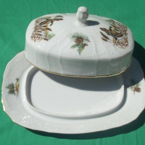 Bernadotte Fine China Covered Butter Dish Wildlife Patterns Wild Turkey Boar Ducks Fox Pheasant Rabbit Quail Imported from Czech Republic