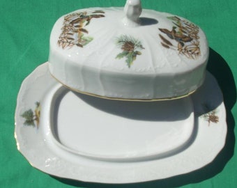 Bernadotte Fine China Covered Butter Dish Wildlife Patterns Wild Turkey Boar Ducks Fox Pheasant Rabbit Quail Imported from Czech Republic