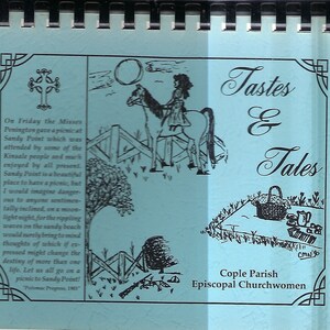 May include: A blue booklet with the title "Tastes & Tales" and a subtitle "Cople Parish Episcopal Churchwomen". The booklet features a black and white illustration of a woman riding a horse and a picnic basket with food.