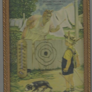 Salinas California vintage Framed Advertising Compliments of Tallow Co Amusing Tot with Bow & Arrow with Puppy 7 x 9 Antique Thermometer CA