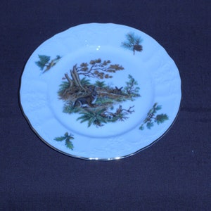 May include: A blue and white porcelain plate with a gold rim. The plate features a woodland scene with a rabbit, trees, and foliage.