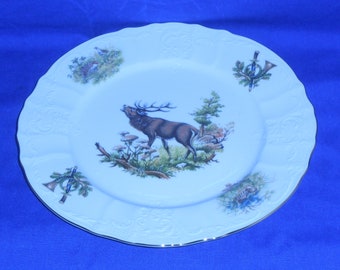 Bernadotte Fine China Salad Plates Deer Fox Elk Rabbits Hare Boar Imported from the Czech Republic Embossed Gold Rim Wildlife Patterns Rare