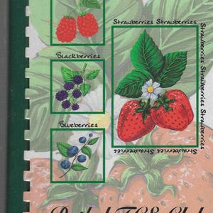 May include: An illustrated guide to berries, featuring raspberries, blackberries, blueberries, and strawberries. The image includes the text "Bethel FCE Club". Each berry is depicted with its name in a green-bordered square.