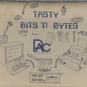 Pode incluir: Uma ilustração em preto e branco de um monitor de computador, um teclado e uma impressora com o texto "Tasty Bits 'n Bytes from: Ac Corporation" e "Souffle Basic".