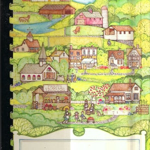 May include: A colourful illustration of a small town with a variety of buildings, including a church, a bakery, a cafe, and a farm stand. The illustration is surrounded by a green border and the text "Our Culinary Treasures" is printed in the centre.