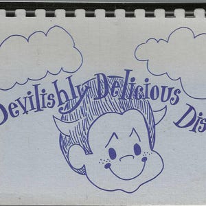Könnte beinhalten: Eine blaue und weiße Illustration eines Cartoon-Teufels mit Hörnern und dem Text "Devilishly Delicious Dishes".