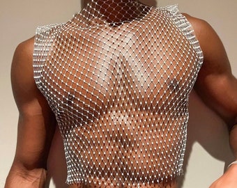 White Bling Rhinestone Crystal Mesh Crop Top, See Through Fishnet Unisex Design