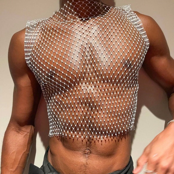 White Bling Rhinestone Crystal Mesh Crop Top, See Through Fishnet Unisex Design