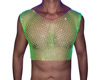 Neon Green Bling Rhinestone Crystal Mesh Crop Top, See Through Fishnet Unisex Design