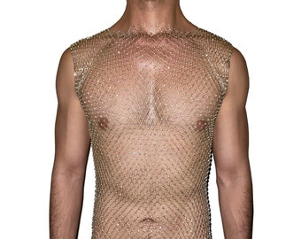 Gold Bling Rhinestone Crystal Mesh Tank Top, See Through Fishnet Unisex Design