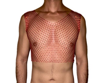 Red Bling Rhinestone Crystal Mesh Crop Top, See Through Fishnet Unisex Design