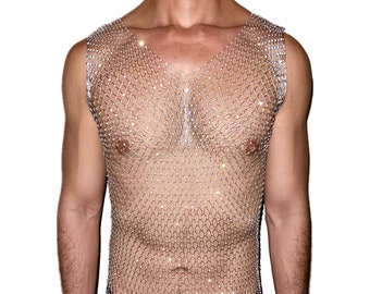 Débardeur argenté en maille cristal strass bling, transparent résille design unisexe